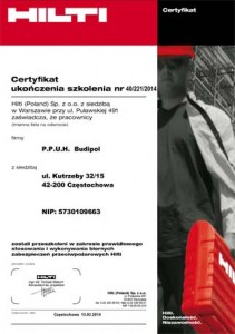 Certyfikat otrzymany od firmy Hilti - zabezpieczenia p.poż.